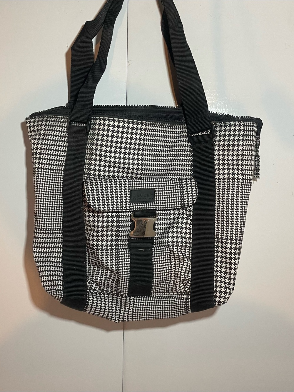 Ralph Lauren Black and White Houndstooth Tote with Front Buckle